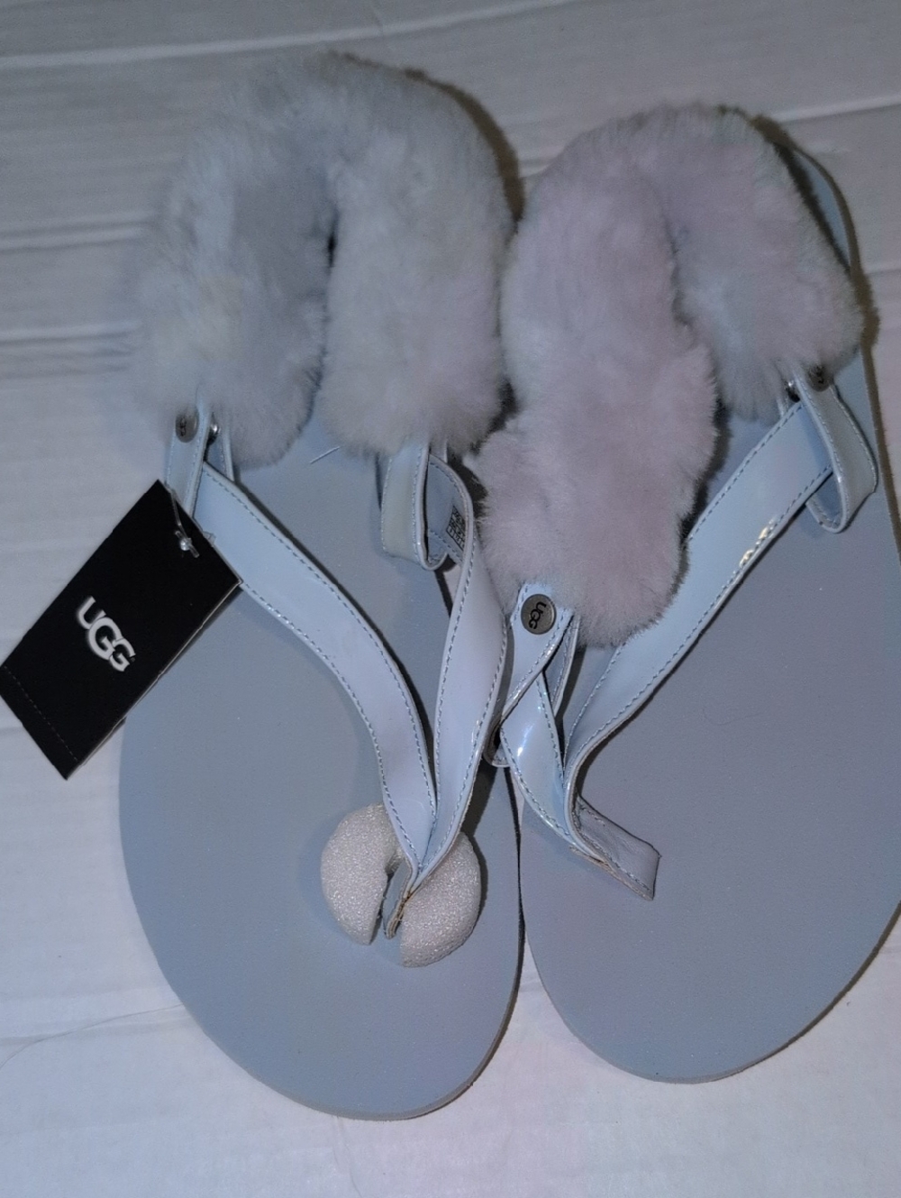 UGG Light Gray Patent Shearling Thong Sandals